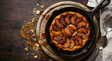 Delicious caramelized apple Tarte Tatin dessert in a rustic cast iron skillet, overhead view.