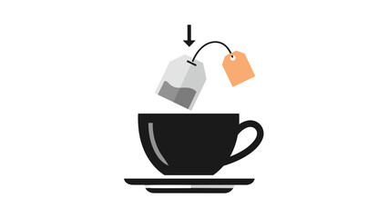 Pixel Art Illustration of a Black Tea Cup With a Tea Bag Being Dropped In Against A Black Background Minimalist Style