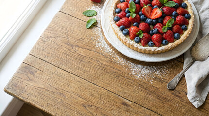 Fresh strawberry and blueberry tart with custard served on rustic wooden table by a window.