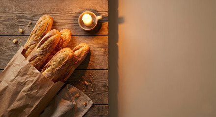 Rustic french baguettes in a paper bag on wood table with a candle, overhead view.