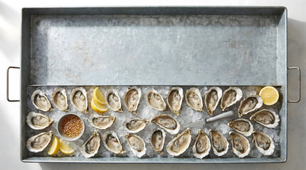 Raw oysters on the half shell served on ice in a metal tray with lemons.