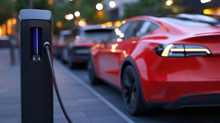 Electric vehicle charging station with connected automobiles illuminating modern innovation