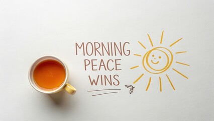 A tea cup and a sunny sketch on white with a morning quote