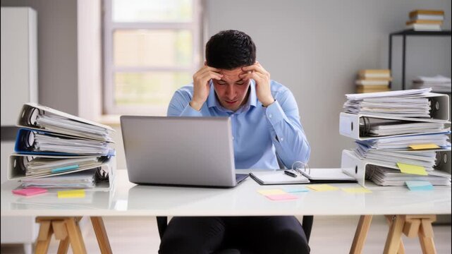 video of stressed office worker at desk with laptop and tall stacks of paperwork
