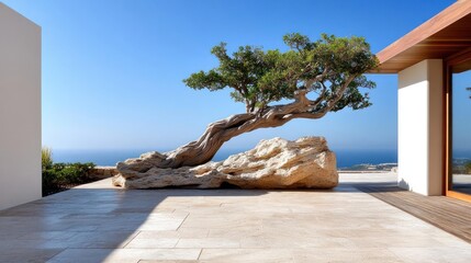 Sculpted tree with naturalistic architecture and ocean view, showcasing design and harmony in