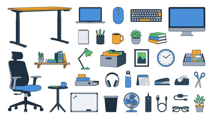 Office and Workspace Vector Icon Sheet File – Modern Desk, Chair, and Stationery Symbols