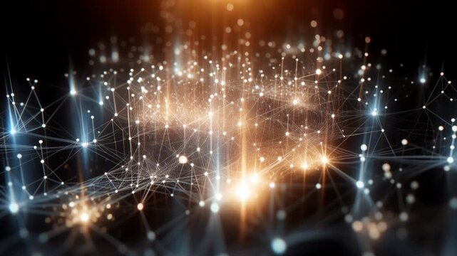 glowing particles linked by thin lines forming abstract dynamic network structure in motion
