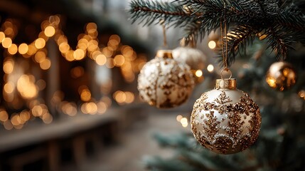 Golden Christmas baubles hang on a pine tree branch with warm glowing fairy lights creating soft bokeh and a magical holiday atmosphere effect.