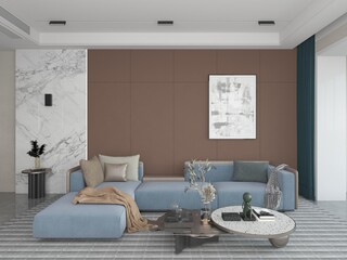 Modern living room interior design featuring a blue sectional sofa, brown wall panels, marble accents and luxury furniture, 3D rendering.