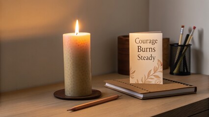 Tall candle flame burning brightly on a wooden desk