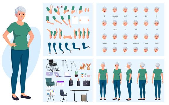 Mature woman character Constructor Elderly Businesswoman Character Creation Set with Movable Joints, Lip-sync, Emotions, Hand Gestures and Accessories Vector Illustration