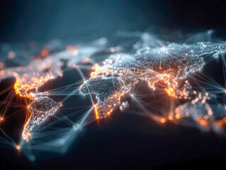 Global digital network connecting continents with glowing nodes and interwoven lines representing data flow and communication across the world map