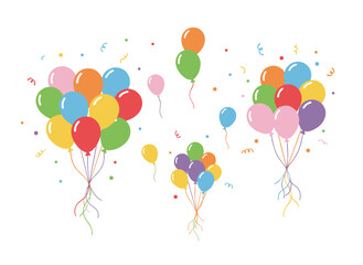 Obraz premium Balloons ascend into the sky, forming festive groups that drift on helium, with bunches tied to strings, serving as birthday party decorations; these flat vector illustrations appear against a white