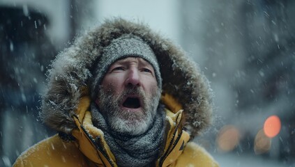 Bearded man in a yellow parka with fur hood standing in a snowy city street, breathing in the freezing air as snow falls around him in dramatic winter weather.