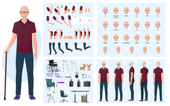 Senior Man wearing Casual Dressing, Elderly Businessman Character Creation Set with Movable Joints, Lip-sync, Emotions, Hand Gestures and Accessories Vector Illustration