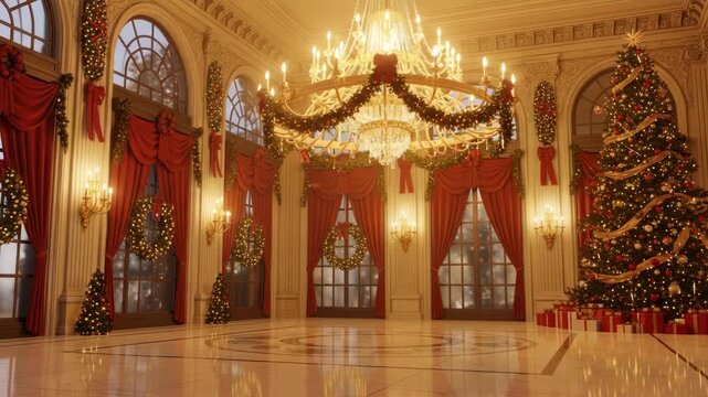Festive ballroom decorated for holiday celebration with lit christmas tree