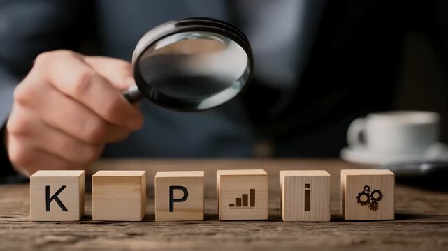 Close up of hand holding magnifying glass over wooden cubes displaying KPI and growth chart icons