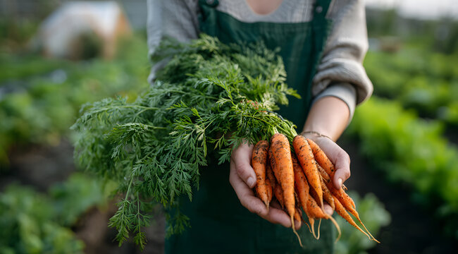 female farmer holding freshly pulled carrots at rural plantation shows close-up harvesting moment in sunny field, capturing why natural produce and garden vegetables are chosen for healthy food - Powered by Adobe