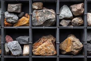 Stone rocks of various colors and shapes in a metallic structure