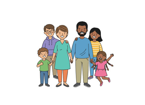 A joyful family featuring biracial parents and their children, along with a stepmother and stepfather raising a son and daughter, depicted as a flat vector illustration on a white background