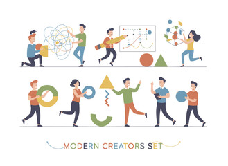 Fototapeta premium Joyful creatives and business professionals surrounded by abstract geometric shapes. A contemporary cohort of creators. Male and female designers craft something from chaotic geometry. Bright flat