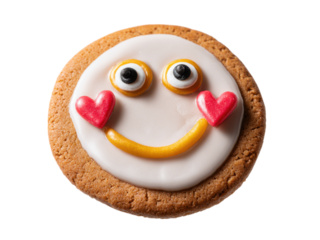 Round cookie with white icing yellow smile red heart cheeks and black eyed eyes baked, Isolated, Png Transparent Background