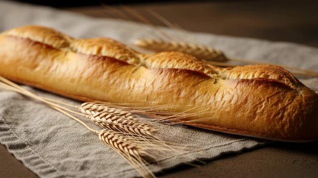 Freshly baked bread loaf with wheat stalks on linen cloth