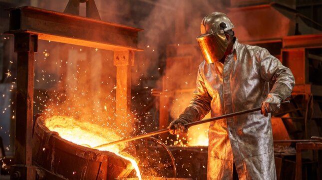Hardworking Professional Metalworker Overseeing Molten Metal in Heavy Industrial Setting - Powered by Adobe