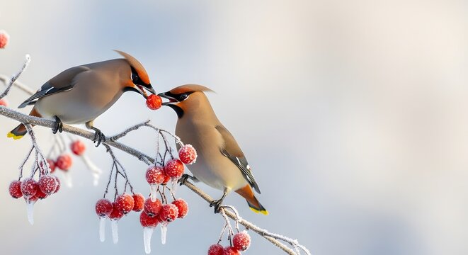 Two bohemian waxwing birds pecking and sharing frozen red berries on a frosty branch in a serene winter landscape for survival concept and natural beauty