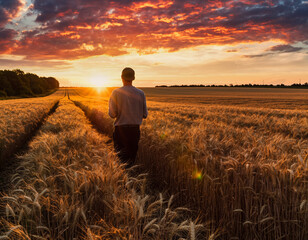 Fototapeta premium Back view of a man in a golden wheat field at sunset. Hope, nature, success, growth, and rural life concepts. Warm light, rich texture, and vibrant colors.