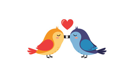 A sweet illustration of two adorable cartoon birds, one orange and one blue, sharing a tender kiss with a red heart above.