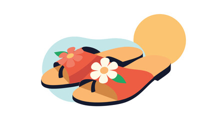 A pair of vibrant orange and beige summer slippers adorned with charming floral details, set against a soft blue and warm yellow background.