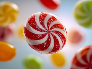 Colorful round peppermint candies swirling in red and white with other vibrant orange, yellow, and green sweets softly blurred in the background on a light blue surface