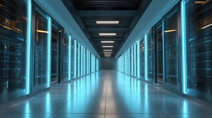 Data center server room corridor with lights