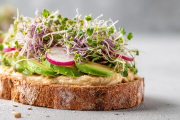 Avocado and hummus sandwich with radish and sprouts on rustic bread
