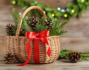 A wicker basket filled with evergreen branches and pinecones adorned with a red ribbon on a wooden surface with Christmas decorations in the background.