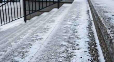 Icy steps in a city environment covered with snow and frozen ice creating a slippery surface for winter safety concept and hazardous conditions