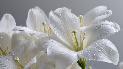 Obraz premium White lily flowers with water droplets on petals in soft airy neutral tones, macro close up floral background, fresh elegant spring bloom