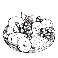 Summer fruit and cheese charcuterie board drawing design black and white delicious vector.