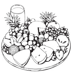 Summer fruit and cheese charcuterie board drawing design black and white delicious vector.