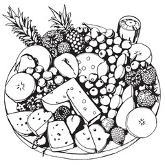 Summer fruit and cheese charcuterie board drawing design black and white delicious vector.