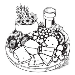 Summer fruit and cheese charcuterie board drawing design black and white delicious vector.
