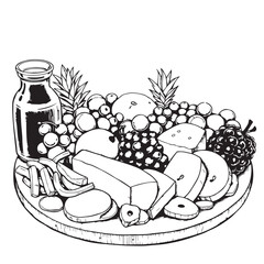 Summer fruit and cheese charcuterie board drawing design black and white delicious vector.