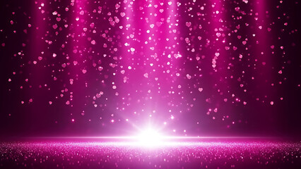 Abstract pink stage background with falling glitter and bright light