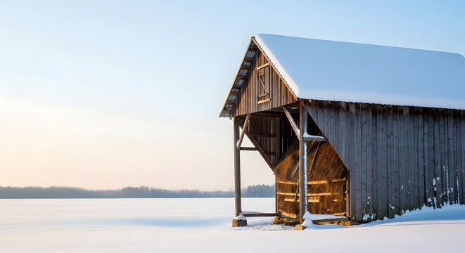 Old wooden hayloft barn covered in fresh snow standing in a vast winter field at golden hour for rustic winter landscape concept and tranquil rural scene - Powered by Adobe
