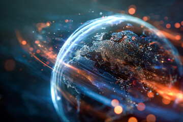 Digital rendering of a glowing earth showing illuminated urban areas with dynamic light trails symbolizing data flow and global connectivity at night