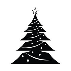 Black silhouette of a stylized christmas tree with star and dots