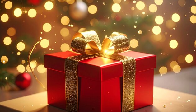 egalo de Navidad rojo brillante con un lazo dorado met&aacute;lico sobre un fondo neutro. El lazo comienza a desatarse solo, con movimiento suave y realista, desliz&aacute;ndose y afloj&aacute;ndose.