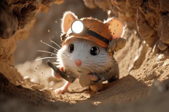 Un rat&oacute;n con casco de minero asoma la cabeza de una cueva.