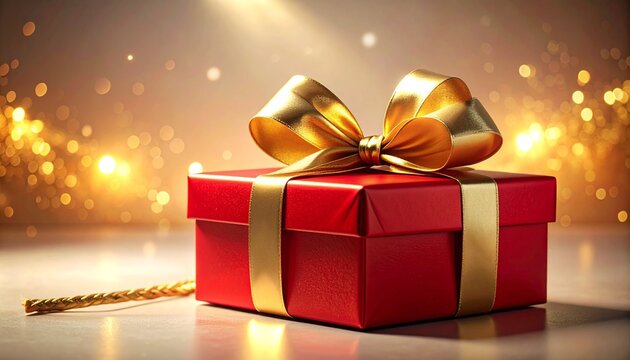 egalo de Navidad rojo brillante con un lazo dorado met&aacute;lico sobre un fondo neutro. El lazo comienza a desatarse solo, con movimiento suave y realista, desliz&aacute;ndose y afloj&aacute;ndose.